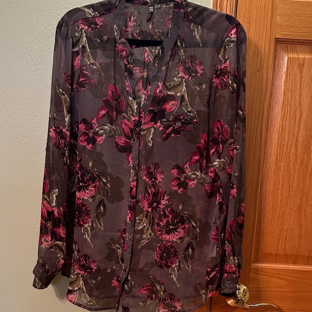 Kut from the Kloth Floral Sheer Blouse - Grey, Green, and Pink